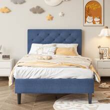 HOMBCK Estructura de cama tapizada con cabecero, estructura de cama de tela de lino con cabecero capitoné, sin somier, fácil montaje, tamaño individual/matrimonial/queen/king, beige/rosa/gris oscuro/gris/azul