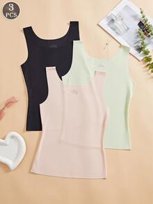 3件套女士春夏冰丝无缝条纹吊带背心，无袖圆领，宽肩带，时尚外套，舒适休闲打底衬衫背心 - 彩色 - 查看 4