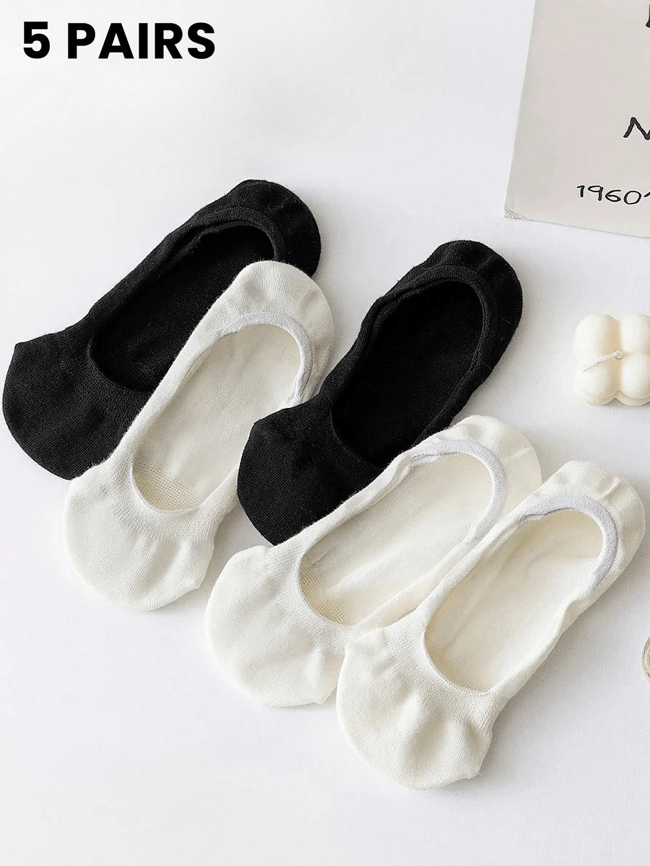 5 Pairs Women's Black And White, Solid Color, Low Cut, Non-Slipping, Breathable Knit Fabric, Ins Style, Japanses Lady Style Invisible Socks, Versatile Women Loafer Socks For Spring And Summer