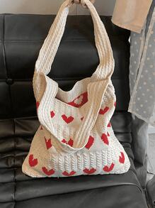Women's Minimalist Large Capacity Heart Decor Knitting Weaving Shopping Bag, Casual Handbag And Travel Tote Bag