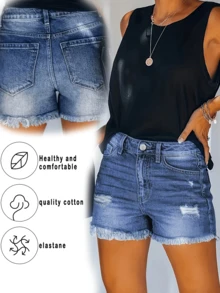 Women's Casual Personalized Street Elastic Denim Shorts - Blue - View 1