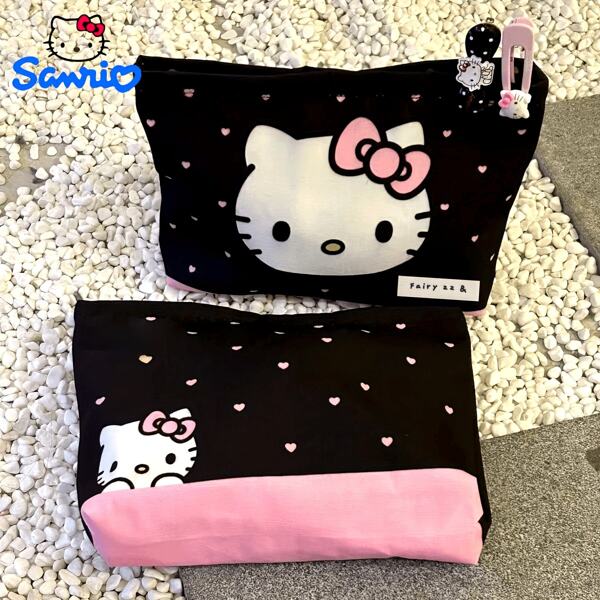 Sanrio 1 pieza Bolsa de tocador de gran capacidad portátil de Sanrio Hello Kitty para salidas, con bolsillo interior para monedas, estuche para lápices, útiles escolares, de vuelta al colegio