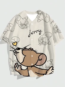 Warner Bros 1pc Men's Loose V-Neck Short Sleeve Vacation Casual Shirt, Tom & Jerry V-Neck Top