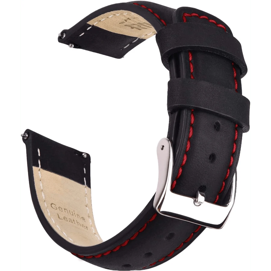 Local Delivery- Christmas Gift Quick Release Leather Watch Bands Genuine Watch Straps For Men Women Top Grain Leather Watch Strap, White Elephant Gifts, Stocking Stuffers For Men, Father's Day Gifts - Black & Red & Silver - 查看 1