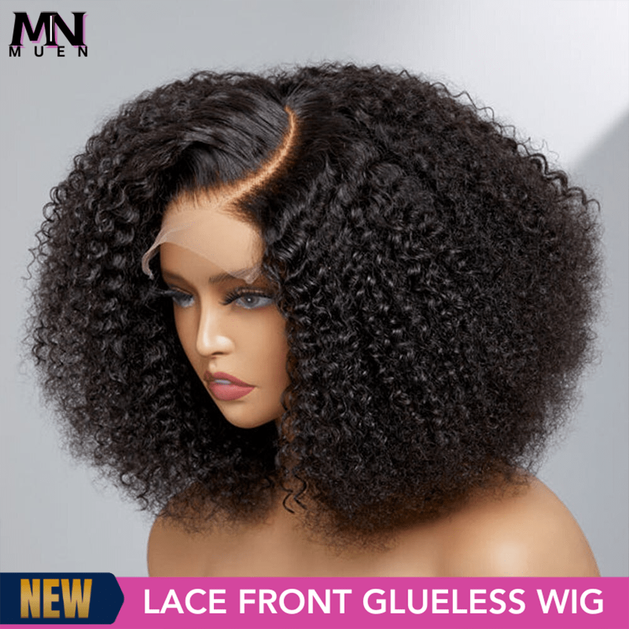 Perucas de cabelo humano afro cacheado, 13x4 HD, cor natural, renda frontal mista, densidade 200%, 18 polegadas, curtas, crespas, renda frontal, perucas afro cacheadas, cabelo misto, sem cola, pré-arrancadas com baby hair, cabelo humano misto brasileiro para