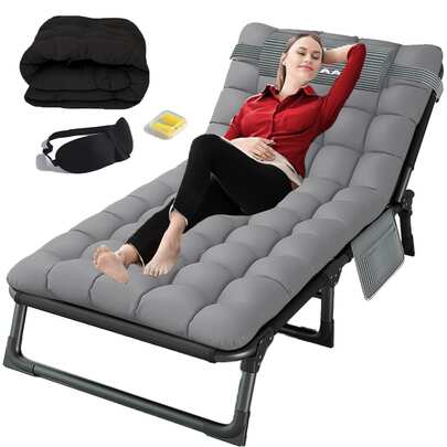 Cama plegable para exteriores, portátil y extra resistente (180 kg): con colchón antihundimiento y cuatro niveles de ajuste. Regalo ideal para viajeros y personas mayores (incluye antifaz y tapones para los oídos).