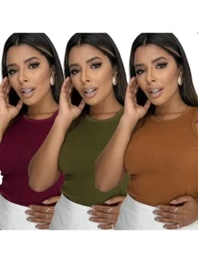 Kit 3 Women's Ribbed Tank Tops Basic Blouse Casual T-Shirt Sleeveless Blouse - Brown//Wine - View 2