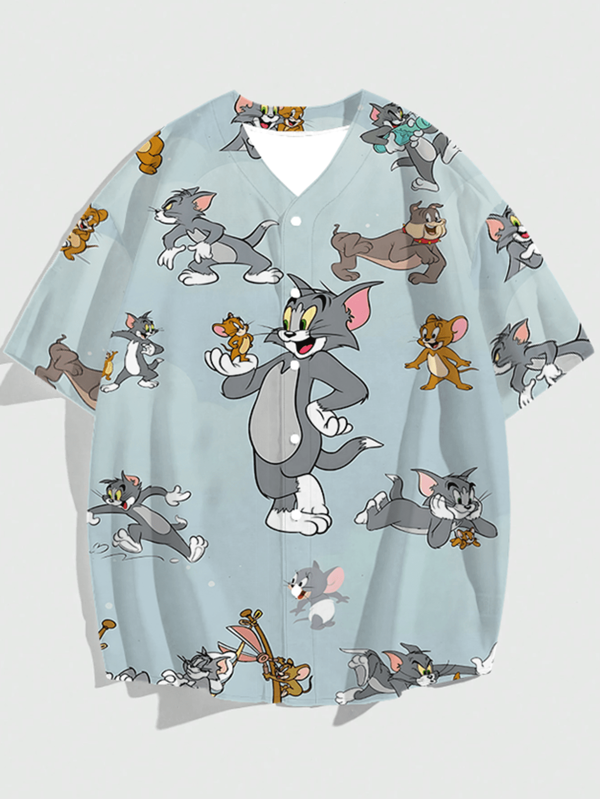 Warner Bros 1pc Men's Loose V-Neck Button Front Short Sleeve Shirt, Casual Holiday Top, Spring/Summer/Autumn