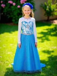 Young Girl Round Neck Long Sleeve Blue Floral Print Party Dress With Train