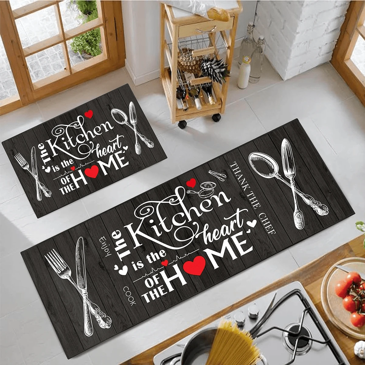 1pc/2pcs Kitchen Mat Set - Knife Fork Spoon Pattern Kitchen Decor Mat, Suitable For Sink, Bedroom, Living Room, Dining Room, Kitchen Floor Mat, Absorbent Drainage Mat, Suitable For Kitchen, Living Room, Entrance, Balcony, Home Decor, Anti-Stain, Cafe, Bar, Holiday, Party, Bedroom, Bath Mat, Room Decor - Multicolor - View 1