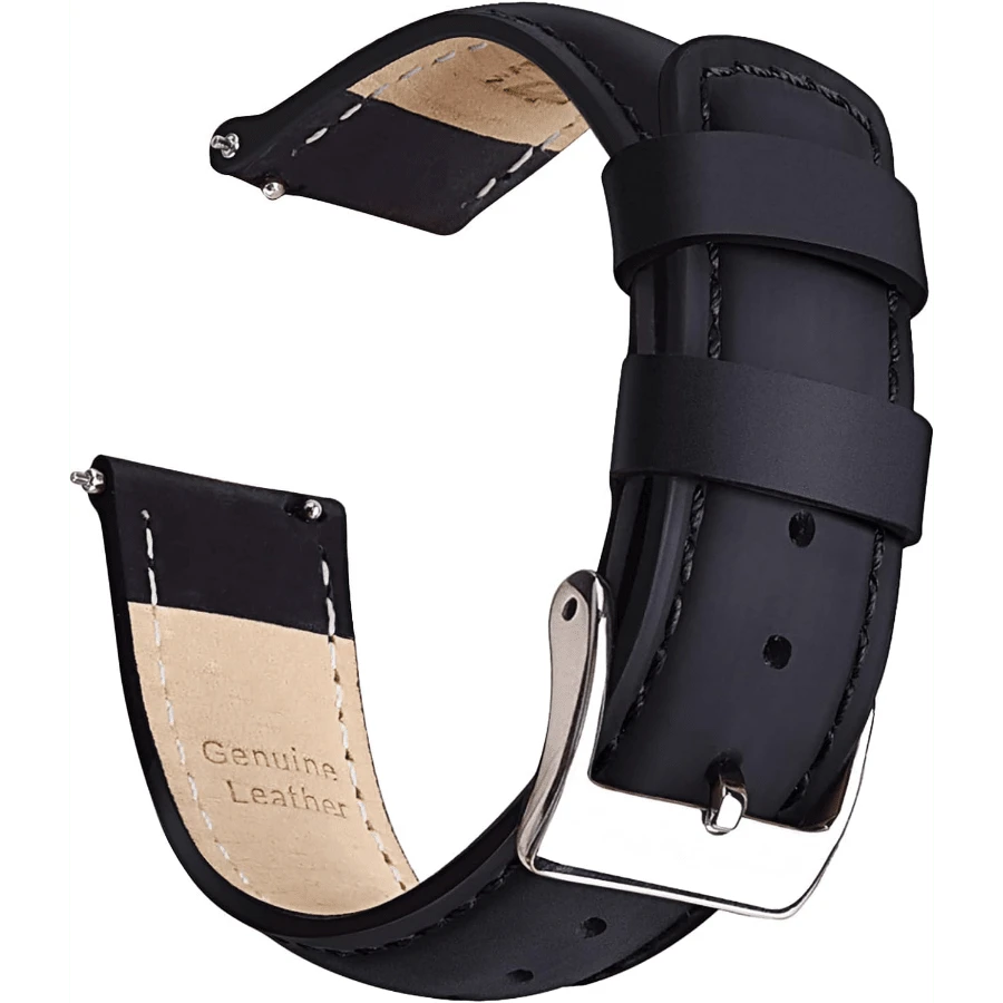 Local Delivery- Christmas Gift Quick Release Leather Watch Bands Genuine Watch Straps For Men Women Top Grain Leather Watch Strap, White Elephant Gifts, Stocking Stuffers For Men, Father's Day Gifts - Black & Silver - 查看 1