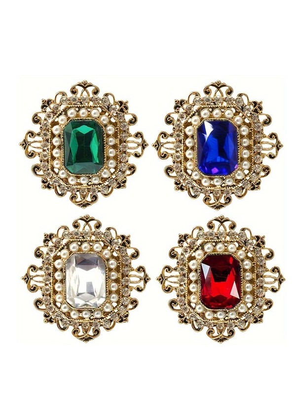4pcs Women's Vintage Crystal Brooch, Golden Retro Baroque Rectangle Crystal Shell Pearl Bohemian Style Lapel Pin, Elegant Wedding Christmas Decor