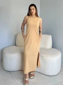 Basic Long Dress Casual Elegant Side Opening Pocket 100% Premium Cotton - Nâu sẫm - Xem 7