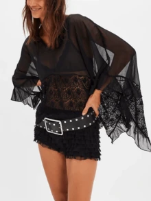 Womens Y2K Lace Patchwork Frill Poncho Tops Solid Color See Through Batwing Sleeve V Neck Ruffle Hem Loose Fit Sheer Mesh T Shirts Blouses Boho Peplum Shawl Shirts Summer Going Out Tops Beach Cover Up Vacation Streetwear - 黑色 - 查看 1