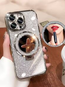 Ốp điện thoại mạ bạc cao cấp kèm giá đỡ từ tính hình vòng xe đạp, gương trang điểm tích hợp, đá lấp lánh, phong cách Y2K, vỏ silicon mềm chống sốc thời trang mùa hè mới, tương thích với iPhone 16/16E/15/14/13/12/11/X/XS/XR/8/7 Plus/Pro/Max/Mini, tương thích với Galaxy S24/S25 Ultra, tương thích với Redmi, tương thích với Honor, tương thích với OPPO Reno, tương thích với MOTO, tương thích với Infinix, dành cho nữ năm 2025, chống nước, chống sốc, chống trầy xước, phiên bản quốc tế, không phải phiên bản nội địa. - Bạc - Xem 3