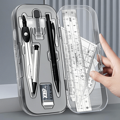 8 Pieces Clear Plastic Geometric Compass & Ruler Set - Durable Drawing Tool Kit With Protractor, Triangle & Eraser For School & Art Projects, School Supplies, Back To School