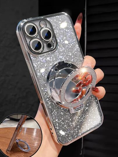 奢华电镀银色手机壳，带自行车指环磁吸支架、内置化妆镜、水钻亮片、Y2K风格，新款夏季时尚硅胶防震软壳，兼容 16/16E/15/14/13/12/11/X/XS/XR/8/7 Plus/Pro/Max/Mini、Galaxy S24/S25 Ultra、Redmi、Honor、OPPO Reno、MOTO Infinix等机型，女士款，防水、防震、防刮。