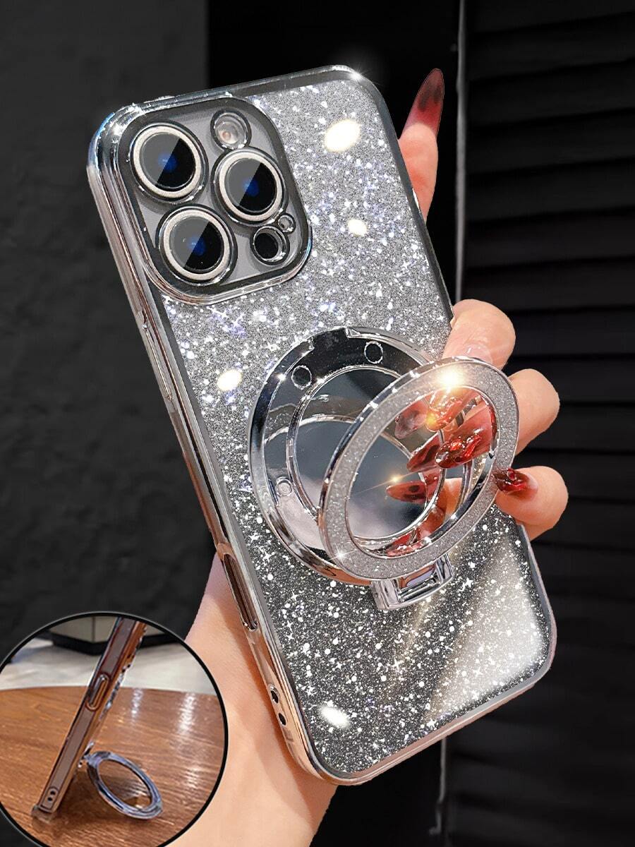 Ốp điện thoại mạ bạc cao cấp kèm giá đỡ từ tính hình vòng xe đạp, gương trang điểm tích hợp, đá lấp lánh, phong cách Y2K, vỏ silicon mềm chống sốc thời trang mùa hè mới, tương thích với iPhone 16/16E/15/14/13/12/11/X/XS/XR/8/7 Plus/Pro/Max/Mini, tương thích với Galaxy S24/S25 Ultra, tương thích với Redmi, tương thích với Honor, tương thích với OPPO Reno, tương thích với MOTO, tương thích với Infinix, dành cho nữ năm 2025, chống nước, chống sốc, chống trầy xước, phiên bản quốc tế, không phải phiên bản nội địa.