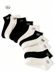 5/6/10 Pairs Assorted Size Short White Bow Cute Comfortable Breathable Women Ankle Socks, Japanese Style - Multicolor - View 7