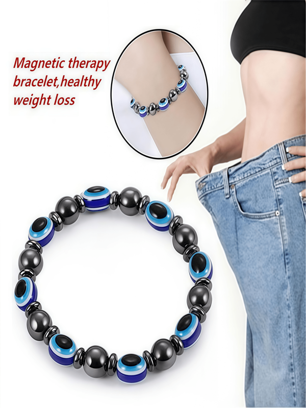 1 pezzo Braccialetto elastico blu con amuleto dell'occhio malvagio, braccialetto terapeutico magnetico, può essere usato come braccialetto dimagrante ed è adatto per l'uso quotidiano.