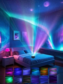 1 件北极光 LED 夜灯，RGB LED 汽车星空投影仪夜灯带遥控器，创意极光显示灯，多色照明，无需可充电纽扣电池桌面星空投影仪