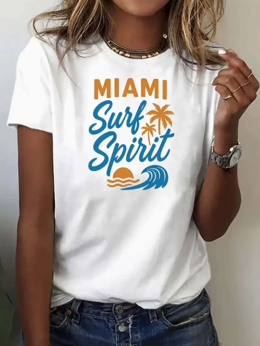 新しい ヤシの木、波、太陽 レディーストップス快適Tシャツ着やせ見え機洗い可能 - ホワイト - チェックする 1