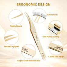 1 pezzo NAGARAKU Pinzette per estensioni ciglie in fibra di precisione N-02-2 con impugnatura in diamante, sottili, antistatiche e antiscivolo, in acciaio inossidabile premium a punta, per separare delicatamente le ciglie, a forma curva - Dorato - Visualizzare 5