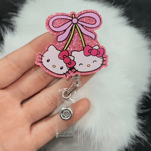 Sanrio 1pc Hello Kitty Badge Scroll With Pink Cherry, Cute Cartoon Character ID Holder, For Doctor/Nurse/Worker - Funny Office Accessories Decoration Toys, Holiday Party Lucky Gift, ID Badge Holder, Cartoon Character Design, Acrylic Badge Scroll