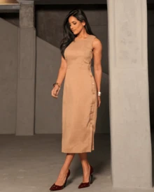Women's Midi Dress Elegant Casual Buttons Front Simple Button - Khaki - View 1