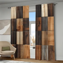 2 peças, tábua de corte de madeira estilo fazenda, patchwork com padrão de porta de madeira, cortinas de janela semi-blackout para sala de estar, quarto, cozinha, escritório, estudo, decoração de casa com bolso para vara, interior e exterior, impressão digital, estética suave