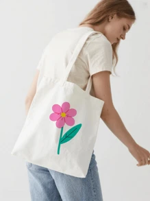 1pc Plant Flower Simple Fashion Canvas Print Handbag Shoulder Bag Tote Bag, Portable Storage Bag, Gift Packaging Bag, Laundry Bag, School Use, Home Decoration, Book Notebook Storage Bag, Snack Bag, Gift Storage Bag, Daily Necessities Storage Bag, Travel Storage Bag, Birthday Gift, Teacher Gift, Back To School Gift, Graduation Gift, Thanksgiving Gift, Christmas Gift, New Year Gift, Gift Essential, Washable And Reusable