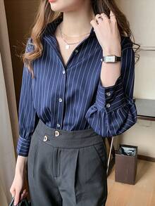 blusa holgada de manga larga a rayas, diseño elegante para la oficina y el transporte, favorecedora y versátil - Azul Marino - Ver 6