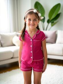 Tween Girl Pink Single-Breasted Short Sleeve Top And Shorts Pajama Set - Multicolor - View 4
