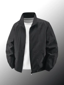 Men's Classic Regular Jacket - Breathable Polyester Fiber, Zipper, Long Sleeves, With Side Pockets, Suitable For Casual Street Wear, Spring, Summer, Autumn, Winter - Black - View 1