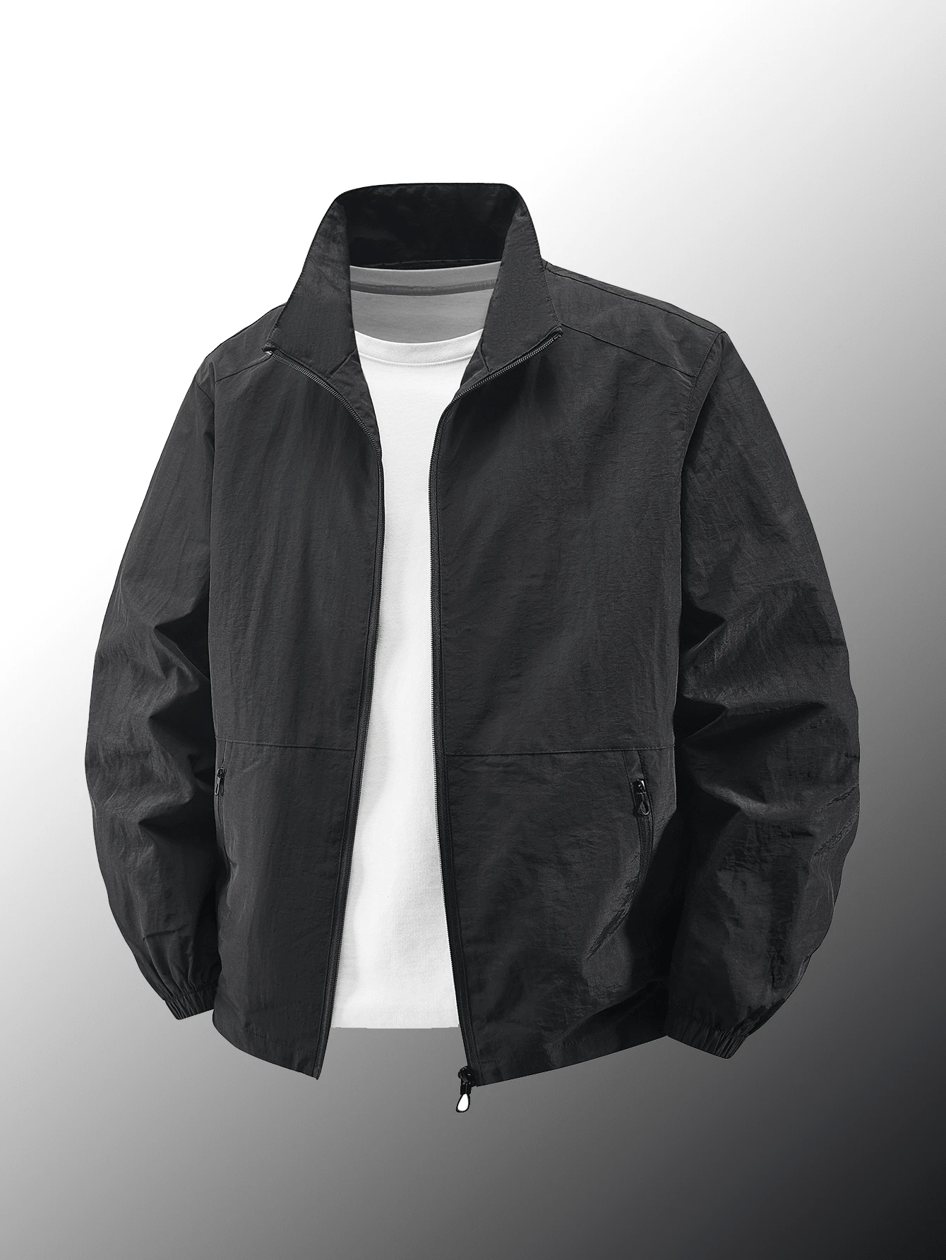 Men's Classic Regular Jacket - Breathable Polyester Fiber, Zipper, Long Sleeves, With Side Pockets, Suitable For Casual Street Wear, Spring, Summer, Autumn, Winter - Black - View 1