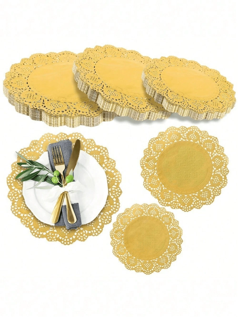 [Local Warehouse]100pcs Food Oil-Absorbing Paper-Golden Round Lace Doilies Paper-10.4inch, Placemats Doily, Decorative & Disposable For Dessert Fried Food, Wedding Party Tableware Decoration, Cake Packaging,Party Supplies, Festival Celebrations,Halloween, Christmas,Thanksgiving Day - 10.5in/26.5cm - View 1