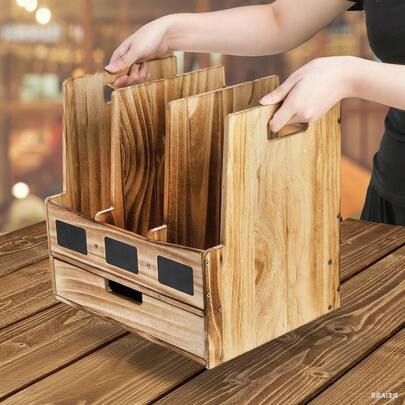 3-Section Wooden Desk Organizer - File Holder With Drawer & Chalkboard Labels, Natural New Popular