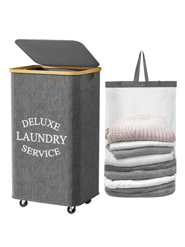 1 pièce Panier à linge avec rebord en bambou 60L/90L/110L avec roues et couvercle - Comprend une doublure amovible en maille, panier à linge pliable avec poignées et couvercle, panier à linge grande capacité, panier à linge pliable en tissu
