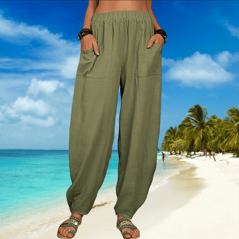 Pantalon sarouel en coton et lin pour femme, coupe ample, taille haute, avec poches