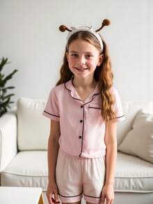 Tween Girl Color Block Short Sleeve Button-Down Shirt And Shorts Pajama Set, Summer - Multicolor - View 5