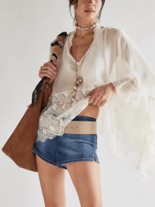 Womens Y2K Lace Patchwork Frill Poncho Tops Solid Color See Through Batwing Sleeve V Neck Ruffle Hem Loose Fit Sheer Mesh T Shirts Blouses Boho Peplum Shawl Shirts Summer Going Out Tops Beach Cover Up Vacation Streetwear - 白色 - 查看 3