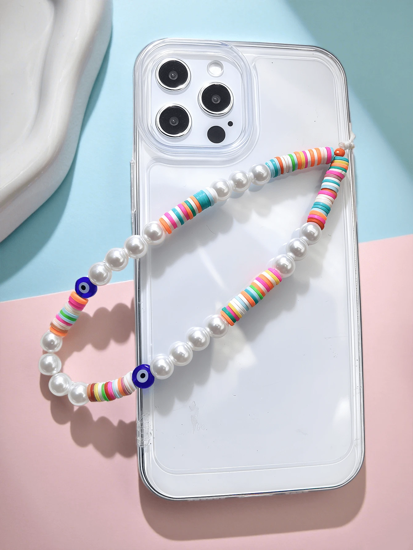 1 件彩色聚合物粘土波西米亚风格蓝眼睛手机壳配件、仿珍珠手机挂饰、相机和耳机挂绳 - 彩色 - 查看 1