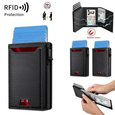 Men's Pop-Up Wallet: Magnetic Closure Pu Leather, RFID Blocking, Smart, Slim, Minimalist, Carbon Fiber - Big Capacity |ID Window |Cash Slot Halloween Purse Purse Men Black Card Holders Teachers Day Gift Small Gifts Gift Ideas Birthday Gifts For Men Valentine's Day Gift Gifts For Boyfriend Smart Wallet For Men ﻿
