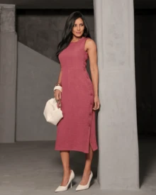 Women's Midi Dress Elegant Casual Buttons Front Simple Button - Rusty Rose - View 2