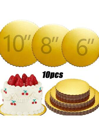 10pcs Gold Scalloped Cake Boards, Thickened Oil-Proof Cake Boards With Frilled Edges For Wedding Birthday Cake Decorations, Pizza Base Cake Board Accessories