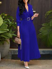 轻盈面料宽松纯色褶皱连衣裙，配腰带，复古风格女装，适合秋冬季节，优雅女士，返校节、婚礼、生日、教师装等场合。 - 藏蓝色 - 查看 3