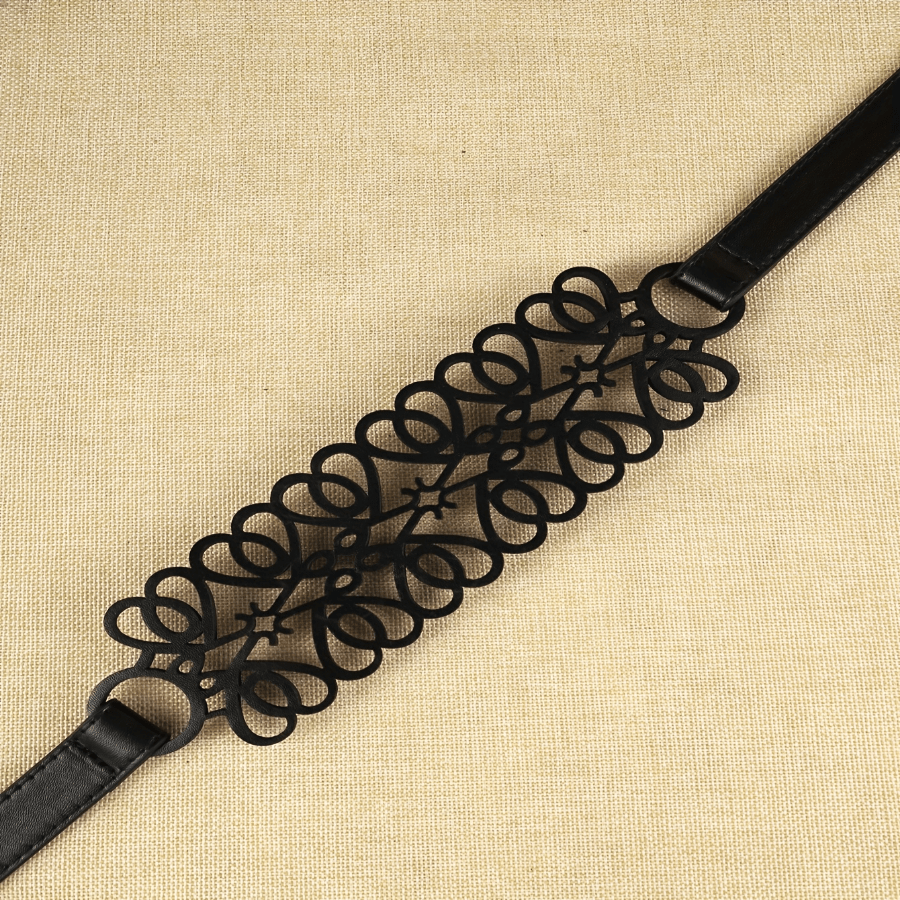 1pc Bohemian Style Black Faux Leather Belt For Women, Hollow Floral Pattern, Elegant Fashion Accessory For Casual And Beach Wear, Non-Textile Material, Mature Size