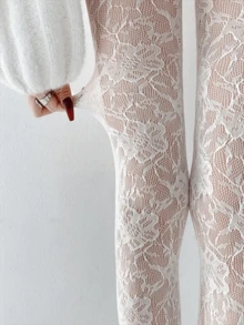 Colorful Patterned Fishnet Tights, Thin Floral Lace Hollow Net Stockings, Sweet And Sexy Pantyhose - White - View 1