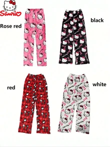 Men's New Autumn And Winter Flannel Thick Home Pants Casual Loose Lovely KT Print Pajama Pants Couple Elegant Wear With Home Clothes