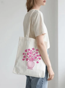 1pc Plant Flower Simple Fashion Canvas Print Handbag Shoulder Bag Tote Bag, Portable Storage Bag, Gift Packaging Bag, Laundry Bag, School Use, Home Decoration, Book Notebook Storage Bag, Snack Bag, Gift Storage Bag, Daily Necessities Storage Bag, Travel Storage Bag, Birthday Gift, Teacher Gift, Back To School Gift, Graduation Gift, Thanksgiving Gift, Christmas Gift, New Year Gift, Gift Essential, Washable And Reusable